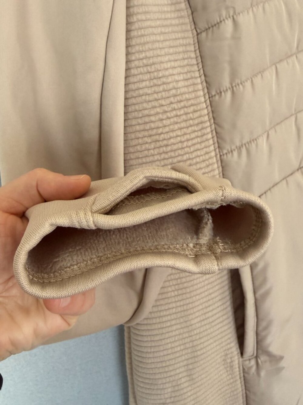 Tek Gear Women’s Zip Up Long Jacket Size M Beige Quilted Hooded Thumb Hole - Picture 5 of 14